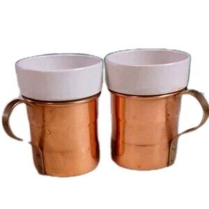 Vintage Copper & White Ceramic Insert Coffee Mugs - Brass Handles - Set of 2